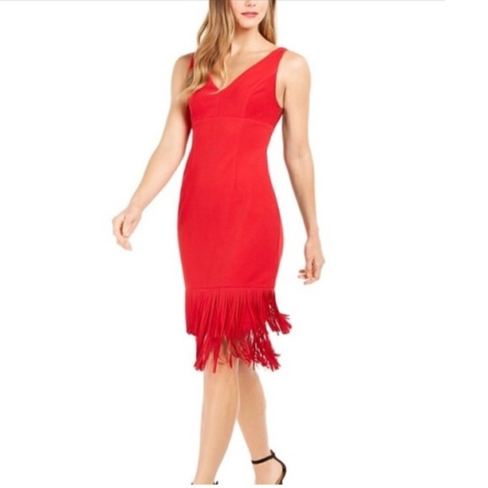 🆕 ADRIANNA PAPELL Ottoman V-Neck Fringe Dress SIZE 2